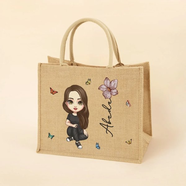 Personalized Cute Cartoon Women Girl Birth Flower Jute Tote Bag with Name Wedding Birthday Mother's Day Gift for Her