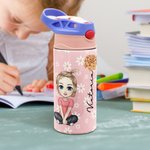 Bouteille d'Eau Personnalisée avec Personnage Fleur de Naissance et Nom Gobelet avec Paille et Couvercle Cadeau Rentrée des Classes pour Fille Garçon