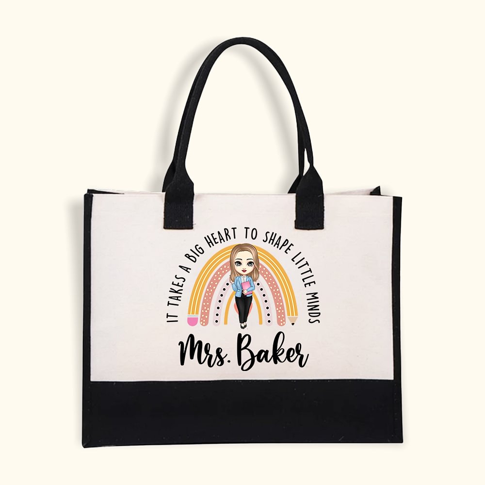 Grand Sac Fourre-Tout Personnalisé avec Personnage et Nom Motif Arc-en-Ciel Cadeau Anniversaire Rentrée de l'École pour Enseignant