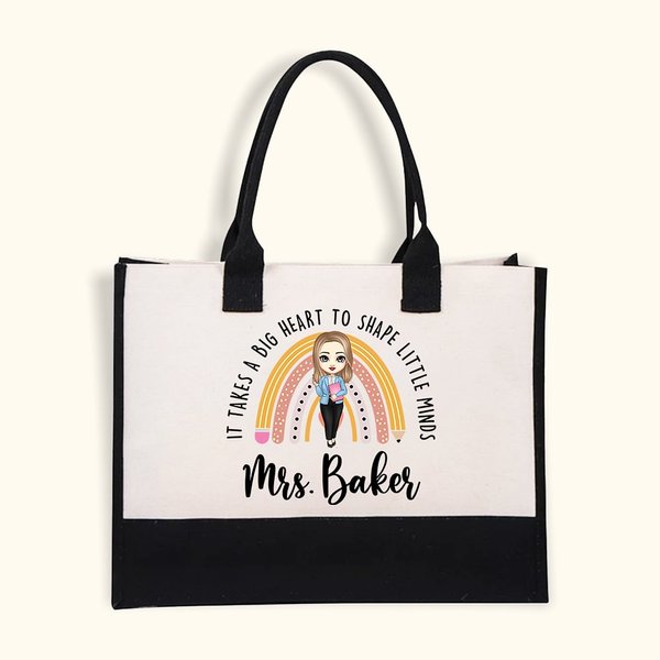 Gepersonaliseerde It Takes A Big Heart To Shape Little Minds Regenboog Grote Draagtas met Naam Terug naar School Verjaardagscadeau voor Leraar