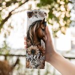 Personalisierte Boho Style Floral Pferd 20oz Name Skinny Becher mit Strohhalm und Reinigungsbürste Geburtstagsgeschenk für Pferdeliebhaber