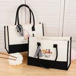 Personalized Crochet Knitting Theme Canvas Tote Bag with Name and Waterproof Liner Birthday Gift for Mom Grandma Sewing Lovers