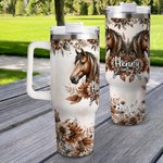 Personalised Boho Style Floral Horse 40oz Insulated Name Tumbler with Handle Lid and Straw Birthday Gift for Horse Lovers