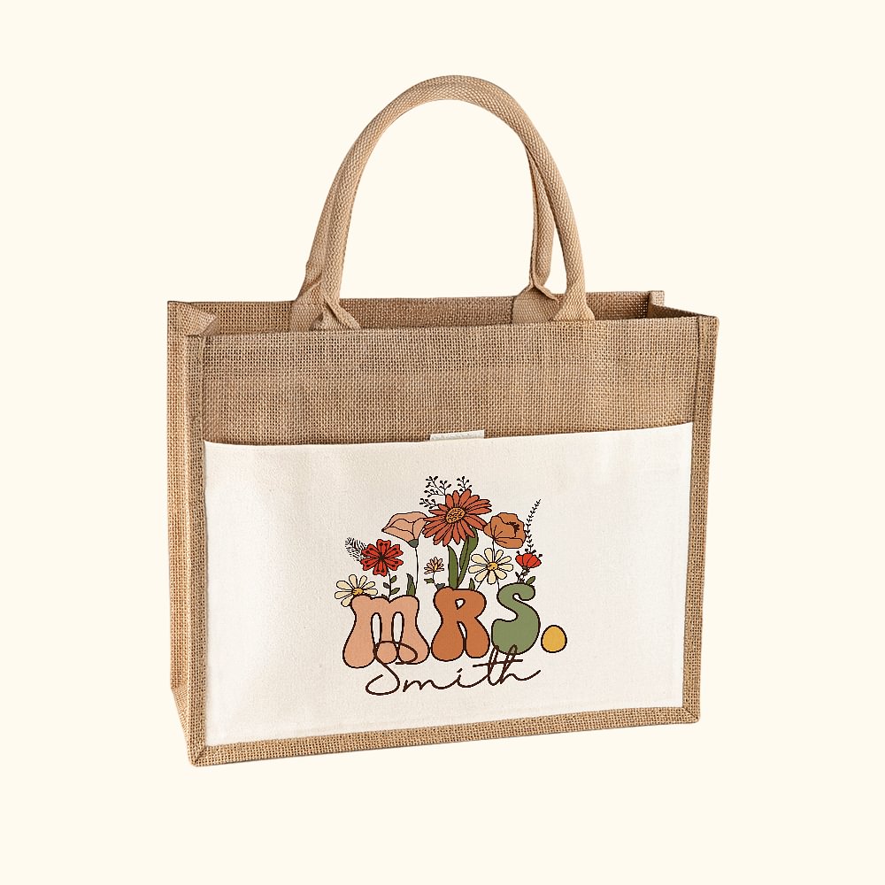 Sac à Main en Toile de Jute Personnalisé avec Nom de Famille Sac Fourre-Tout avec Poche Frontale Cadeau Mariage pour Femme