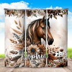Personalisierte Boho Style Floral Pferd 20oz Name Skinny Becher mit Strohhalm und Reinigungsbürste Geburtstagsgeschenk für Pferdeliebhaber
