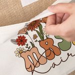 Personalized Retro Wildflowers MRS. Jute Tote Bag with Front Pocket Bridal Shower Back to School Gift for Women