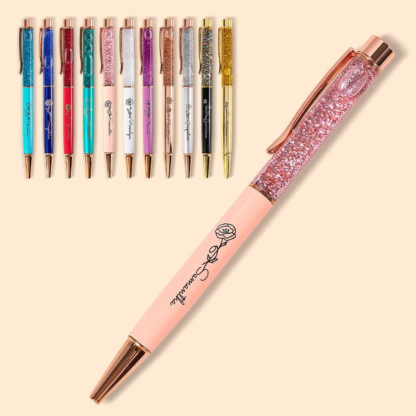 Personalisierte Glitzer Kugelschreiber mit Dynamischem Flüssigsand Eingravierter Geburtsblume und Namen 2er-Set Geschenk zum Schulanfang für Lehrer