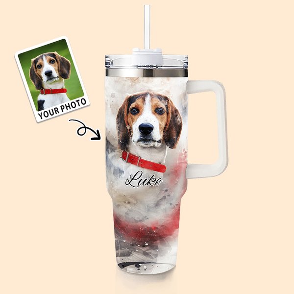 Personalized Watercolour Pet Portrait Painting 40oz Name Tumbler with Straw Birthday Memorial Gift for Pet Lover