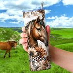 Personalisierte Boho Style Floral Pferd 20oz Name Skinny Becher mit Strohhalm und Reinigungsbürste Geburtstagsgeschenk für Pferdeliebhaber