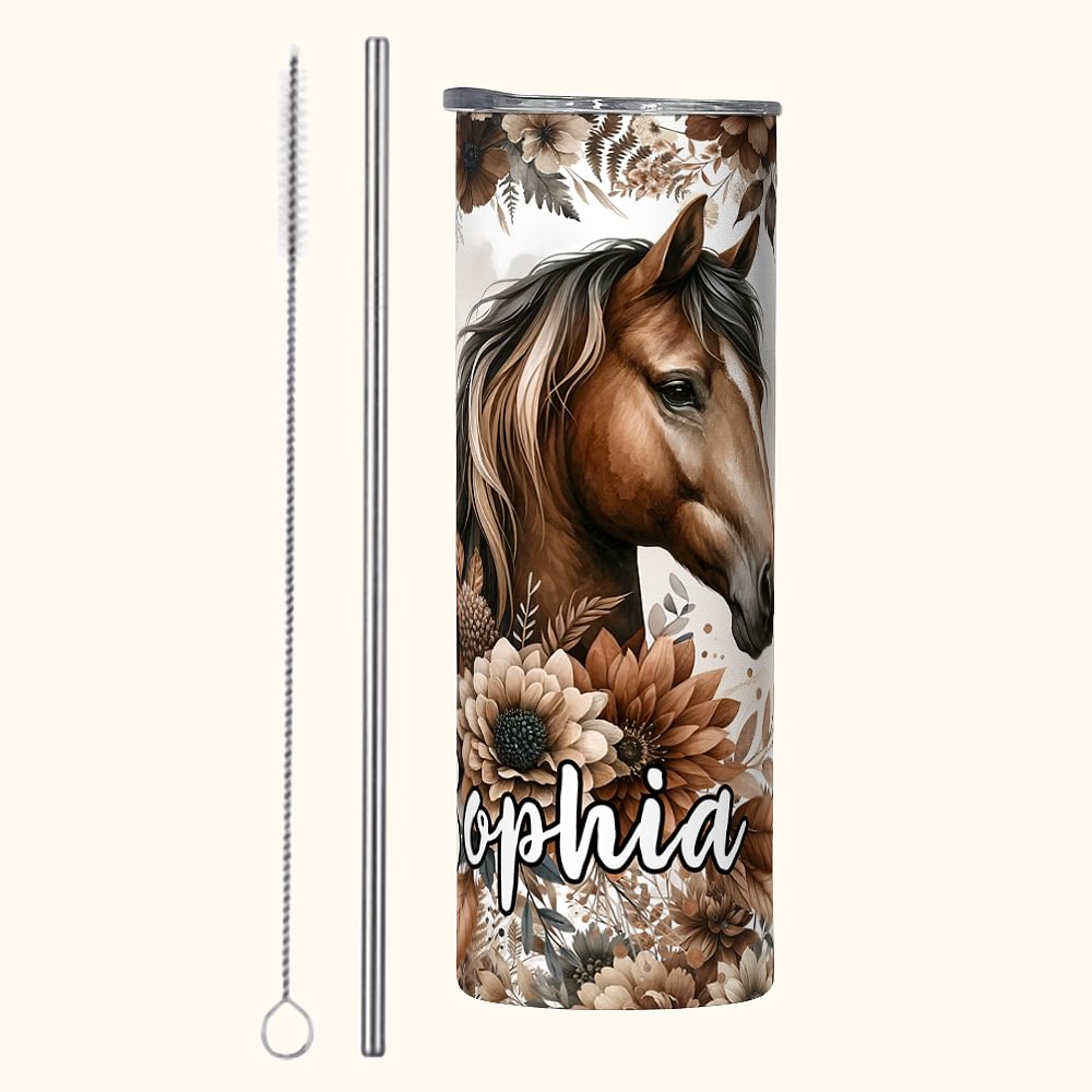 Gobelet Personnalisé avec Nom Motif Cheval Bouteille avec Paille et Brosse Cadeau Anniversaire pour Amoureux des Chevaux
