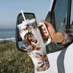 Personalised Boho Style Floral Horse 40oz Insulated Name Tumbler with Handle Lid and Straw Birthday Gift for Horse Lovers