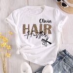 Personalisierte Haar Hustler Leopard Unisex Crewneck T-Shirt Sweatshirt mit Namen Geburtstag Geschenk für Hairstylist Friseure