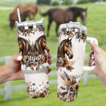 Personalised Boho Style Floral Horse 40oz Insulated Name Tumbler with Handle Lid and Straw Birthday Gift for Horse Lovers