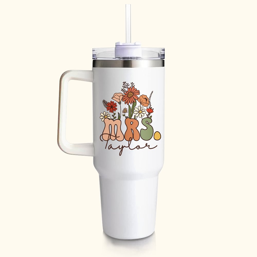 Gobelet Personnalisé avec Nom de Famille Motif Fleurs Sauvages Multicolores Rétro Tumbler 1130ml Cadeau Bridal Shower Rentrée de l'École pour Femme