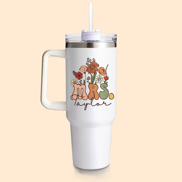 Gobelet Personnalisé avec Nom de Famille Motif Fleurs Sauvages Multicolores Rétro Tumbler 1130ml Cadeau Bridal Shower Rentrée de l'École pour Femme