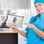 Personalized Birth Flower Bouquet Stethoscope Bow Makeup Bag with Detachable Wrist Strap and Name Birthday Nurse Graduation Gift for Medical Staff