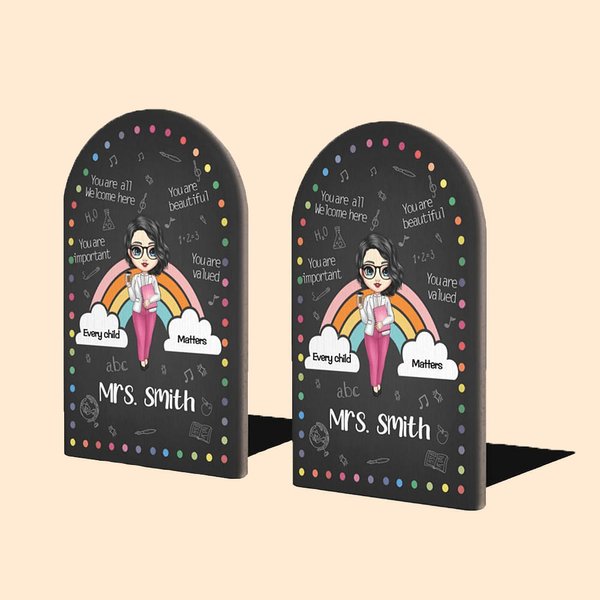 Personalized Every Child Matters Cartoon Dots Rainbow Heavy Duty Wooden Bookends with Name 1 Pair Appreciation Back to School Gift for Teacher