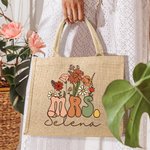 Personalized Retro Wildflower Mrs Jute Tote Bag with Name Wedding Bridal Shower Teacher Appreciation Gift for Women
