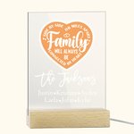 Personalized Family Will Always Be Connected By Heart LED Night Light with 1-12 Names and Wooden Base Housewarming Birthday Farewell Gift for Family