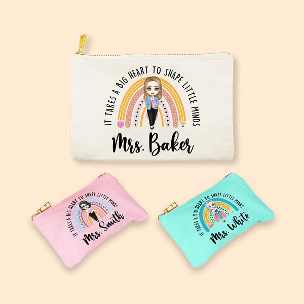 Personalizado en forma de corazón grande Little Minds lápiz manzana arco iris de dibujos animados bolsa de maquillaje de lona con el nombre de Aprecia