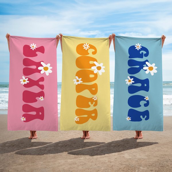 Toalla de playa personalizada súper absorbente de secado rápido en varios colores con margarita y nombre regalo de vacaciones fiesta para ella