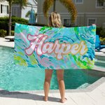 Personalized Quick Dry Soft Oversized Colourful Floral Texture Beach Towel with Name Summer Travel Essentials Party Birthday Gift for Family Friends