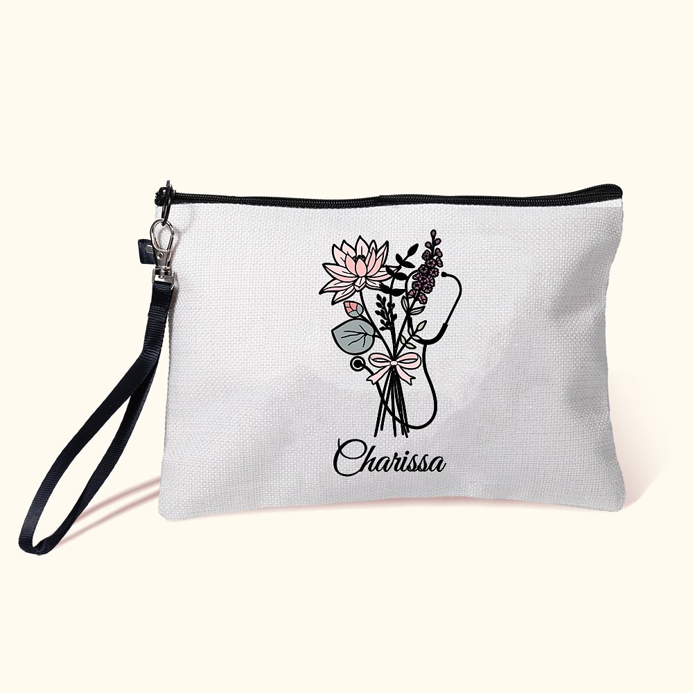 Sac de Maquillage Personnalisé avec Nom et Fleur de Naissance Motif Séthoscope Bracelet Détachable Cadeau pour Infirmière Personnel Médical