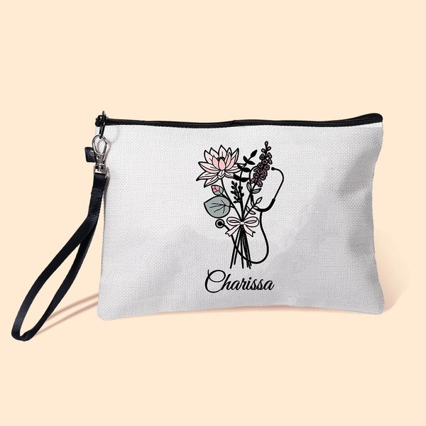 Bouquet floreale di nascita personalizzato Stetoscopio Borsa per il trucco con cinturino da polso staccabile e nome Regalo di laurea per infermiere di