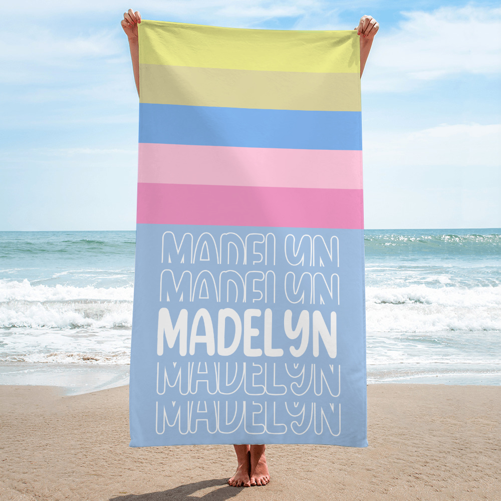 Serviette de Plage Rayée Personnalisée avec Nom Grande Taille Séchage Rapide Gadeau Vacances d'Été pour Femme
