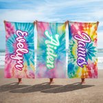 Personalised Colourful Oversized Quick Dry Tie Dye Beach Towel with Name Summer Travel Beach Party Gift for Her