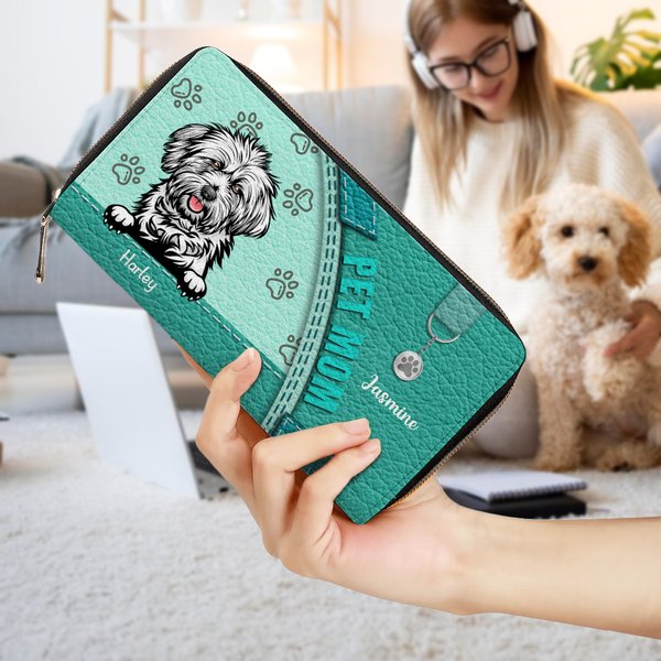 Portafoglio con cerniera in pelle con nome e scomparti multipli Regalo commemorativo di compleanno per gli amanti degli animali domestici con stampa a