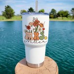 Personalized Multi-colour Retro Wildflowers MRS. 30oz Tumbler with Straw and Brush Bridal Shower Back to School Gift for Women