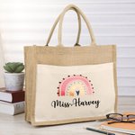 Personalisierte Regenbogen große Jute Tragetasche mit Namen Lehrer Wertschätzung zurück zu Schule Geschenk für Lehrer