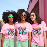 Personalized Colourful Summer Vibes Coconut Tree Cartoon 100% Cotton T-Shirt with Name Holiday Beach Party Gift for Women Girls
