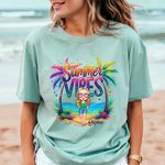 Personalized Colourful Summer Vibes Coconut Tree Cartoon 100% Cotton T-Shirt with Name Holiday Beach Party Gift for Women Girls
