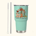 Personalized Multi-colour Retro Wildflowers MRS. 30oz Tumbler with Straw and Brush Bridal Shower Back to School Gift for Women
