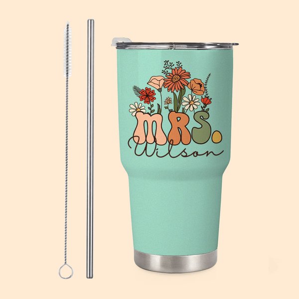 Personalized Multi-color Retro Wildflowers MRS. 30oz Tumbler with Straw and Brush Bridal Shower Back to School Gift for Women