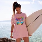 Personalized Colourful Summer Vibes Coconut Tree Cartoon 100% Cotton T-Shirt with Name Holiday Beach Party Gift for Women Girls