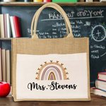 Personalisierte Regenbogen große Jute Tragetasche mit Namen Lehrer Wertschätzung zurück zu Schule Geschenk für Lehrer