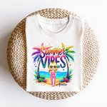 Personalized Colourful Summer Vibes Coconut Tree Cartoon 100% Cotton T-Shirt with Name Holiday Beach Party Gift for Women Girls