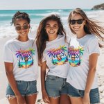 Personalized Colourful Summer Vibes Coconut Tree Cartoon 100% Cotton T-Shirt with Name Holiday Beach Party Gift for Women Girls