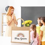 Personalisierte Regenbogen große Jute Tragetasche mit Namen Lehrer Wertschätzung zurück zu Schule Geschenk für Lehrer