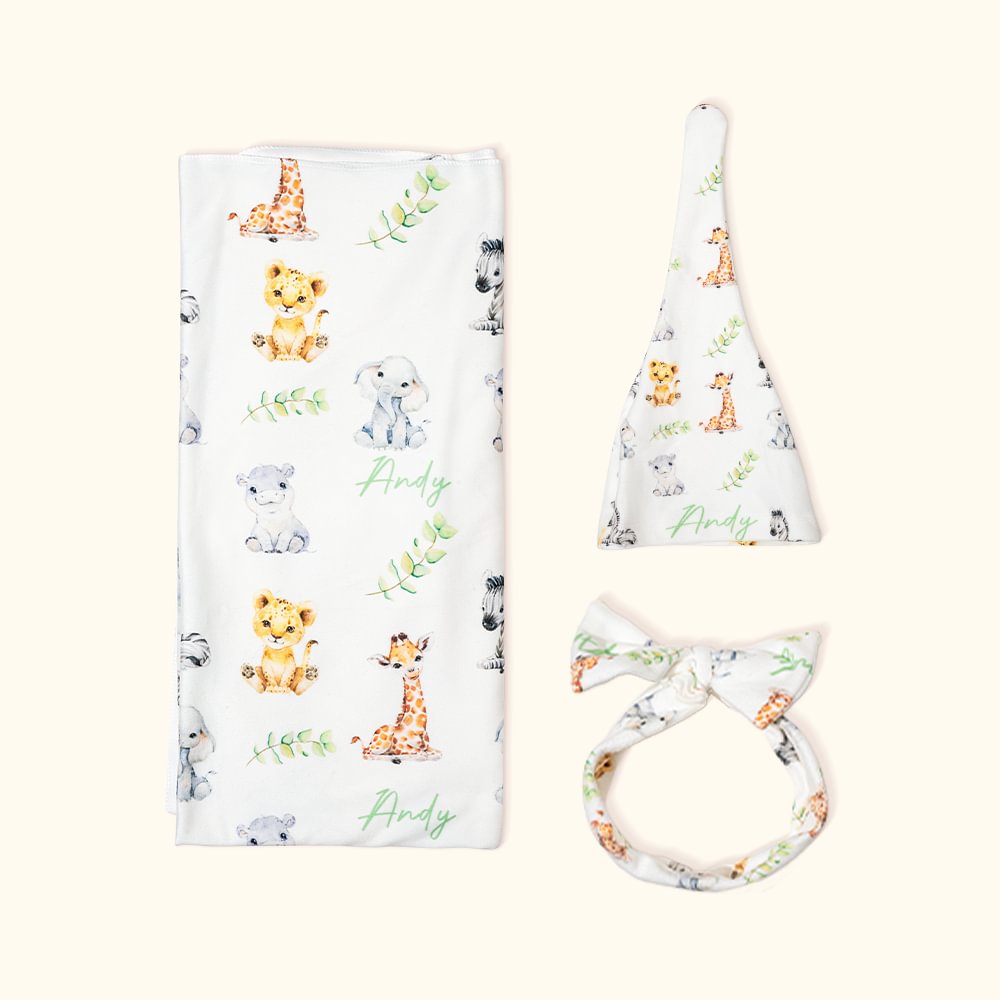 Cadeau de naissance personnalisé avec nom et animaux des bois Chapeau de natation Bandeau avec noeud Cadeau de douche pour nouveau-né