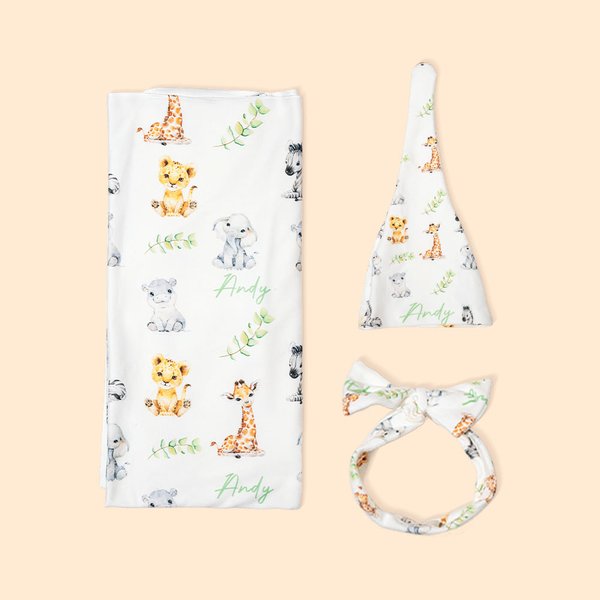 Personalised Cute Woodland Animals Baby Receiving Blanket Swaddle Hat Bow Headband with Name Coming Home Outfit Baby Shower Gift for Newborns