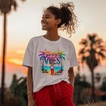 Personalized Colourful Summer Vibes Coconut Tree Cartoon 100% Cotton T-Shirt with Name Holiday Beach Party Gift for Women Girls