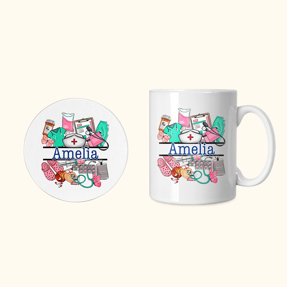 Mug en Céramique Personnalisé avec Nom Multicolore Motif d'Éléments Médicaux Cadeau Remerciement pour Infirmier Médecin Étudiant en Médecine