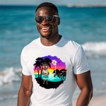 Personalized Cartoon Beach Sunset Palm Tree 100% Cotton Unisex T-Shirt with Birth Flower and Name Summer Holiday Beach Party Gift for Women Men