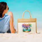 Personalized Summer Vibes Cartoon Character Large Jute Tote Bag with Name and Cotton Pocket Beach Wedding Party Favor Gift for Women