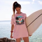 Personalized Cartoon Summertime Beach Sunset Palm Tree 100% Cotton T-shirt with Name Vacation Party Gift for Girls Women