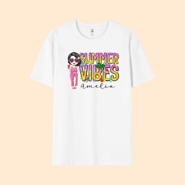 Gepersonaliseerd Summer Vibes Kleurrijk Letter Cartoon 100% Katoenen T-shirt met Naam Strand Feest Vakantie Cadeau voor Meisjes Vrouwen
